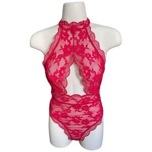 Victoria's Secret Red Gold Lace Thong Halter Teddy Sexy Lingerie Size XS